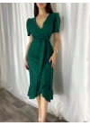 Kadın Kruvaze Yaka Midi Boy Kuşaklı Krep Elbise 120 Cm