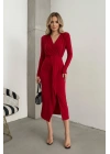 Kadın Kruvaze Yaka Önü Kuşaklı Drapeli Midi Elbise