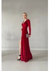 Kadın Kruvaze Yaka Uzun Kol Maxi Boy Yırtmaç Detay Kadife Kumaş Elbise