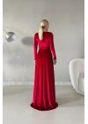 Kadın Kruvaze Yaka Uzun Kol Maxi Boy Yırtmaç Detay Kadife Kumaş Elbise