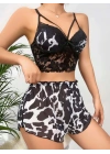 Kadın Siyah Leopar desenli Dantel detaylı Şortlu Gecelik Pijama Takımı 5055