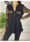 Kadın Leopar Desen Fermuar Detay Viskon Kumaş Bluz