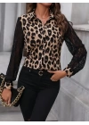 Kadın Leopar Desenli Kolları Tül Detaylı Krep Bluz