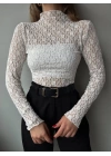 Kadın Likralı Dantel Transparan Uzun Kol Crop Bluz