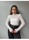 Kadın Likralı Dantel Transparan Uzun Kol Crop Bluz