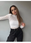 Kadın Likralı Dantel Transparan Uzun Kol Crop Bluz
