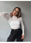Kadın Likralı Dantel Transparan Uzun Kol Crop Bluz