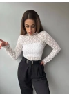 Kadın Likralı Dantel Transparan Uzun Kol Crop Bluz