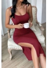 Kadın Likralı Kumaş Askılı Yırtmaç Detay Elbise