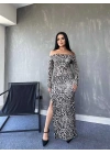 Kadın Madonna Yaka Dalgıç Kumaş Leopar Desen Maxi Boy Derin Yırtmaçlı Elbise