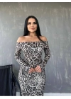 Kadın Madonna Yaka Dalgıç Kumaş Leopar Desen Maxi Boy Derin Yırtmaçlı Elbise