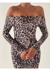 Kadın Madonna Yaka Dalgıç Kumaş Leopar Desen Maxi Boy Derin Yırtmaçlı Elbise