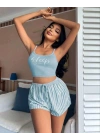Kadın Mavi Çizgili Desenli Askılı Şortlu Pijama Takım 5001
