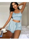 Kadın Mavi Çizgili Desenli Askılı Şortlu Pijama Takım 5001