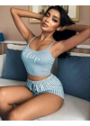 Kadın Mavi Çizgili Desenli Askılı Şortlu Pijama Takım 5001
