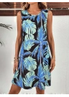 Kadın Mavi Yaprak Baskılı Kolsuz Süprem Elbise