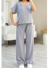 Kadın Modal Kumaş V Yaka Tişört Ve Bol Kesim Pantolon Ikili Takım