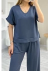 Kadın Modal Kumaş V Yaka Tişört Ve Bol Kesim Pantolon Ikili Takım