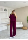 Kadın Modal Kumaş V Yaka Tişört Ve Bol Kesim Pantolon Ikili Takım