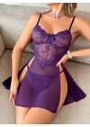 Kadın Mor Yırtmaç Detaylı Seksi Tül Kısa Gecelik 2201