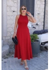 Kadın Omuzlardan Açık Arkadan Toka Detaylı Yırtmaçlı Uzun Viskon Elbise