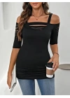 Kadın Omuzlardan Açık Askılı Lazer Kesim Detaylı Viskon Bluz