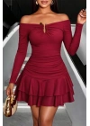 Kadın Omuzlardan Açık Belden Saran Büzgülü Etek Ucu Volanlı Dalgıç Mini Elbise