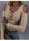 Kadın Omuzlardan Açık Uzun Kollu Bağcıklı Kaşkorse Bluz