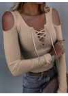 Kadın Omuzlardan Açık Uzun Kollu Bağcıklı Kaşkorse Bluz