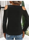 Kadın Omuzlardan Açık Uzun Kollu Yakadan Halka şerit Detaylı Viskon Bluz