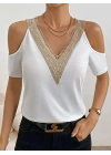 Kadın Omuzlardan Açık V Yakalı Viskon Bluz