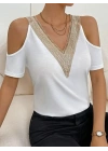 Kadın Omuzlardan Açık V Yakalı Viskon Bluz