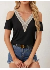 Kadın Omuzlardan Açık V Yakalı Viskon Bluz