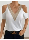 Kadın Omuzlardan Açık V Yakalı Viskon Bluz