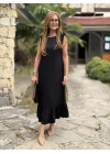 Kadın Omuzlardan Büzgülü Kayık Yaka Fırfırlı Janjan Krep Elbise