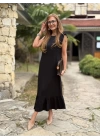 Kadın Omuzlardan Büzgülü Kayık Yaka Fırfırlı Janjan Krep Elbise