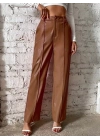 Kadın önden Fermuarlı Cepli Geniş Kesim Lame Deri Pantolon