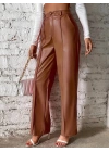 Kadın önden Fermuarlı Cepli Geniş Kesim Lame Deri Pantolon
