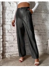 Kadın önden Fermuarlı Cepli Geniş Kesim Lame Deri Pantolon