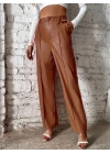 Kadın önden Fermuarlı Cepli Geniş Kesim Lame Deri Pantolon