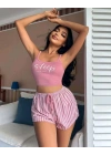 Kadın pembe çizgili desen Askılı Şortlu Pijama Takım 5002