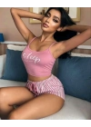 Kadın pembe çizgili desen Askılı Şortlu Pijama Takım 5002