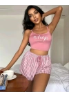 Kadın pembe çizgili desen Askılı Şortlu Pijama Takım 5002