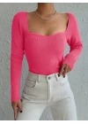 Kadın Pembe Dekolteli Kare Yaka Triko Bluz 2042