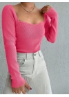 Kadın Pembe Dekolteli Kare Yaka Triko Bluz 2042