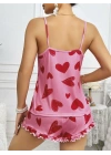 Kadın Pembe Kalp Baskılı Şortlu Gecelik Pijama Takımı 5050