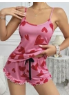Kadın Pembe Kalp Baskılı Şortlu Gecelik Pijama Takımı 5050