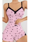 Kadın Pembe Kalp Desenli Askılı Şortlu Pijama Takım 5013