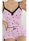 Kadın Pembe Kalp Desenli Askılı Şortlu Pijama Takım 5013