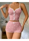 Kadın Pembe Kalpli Askılı Şortlu Pijama Takım 5009